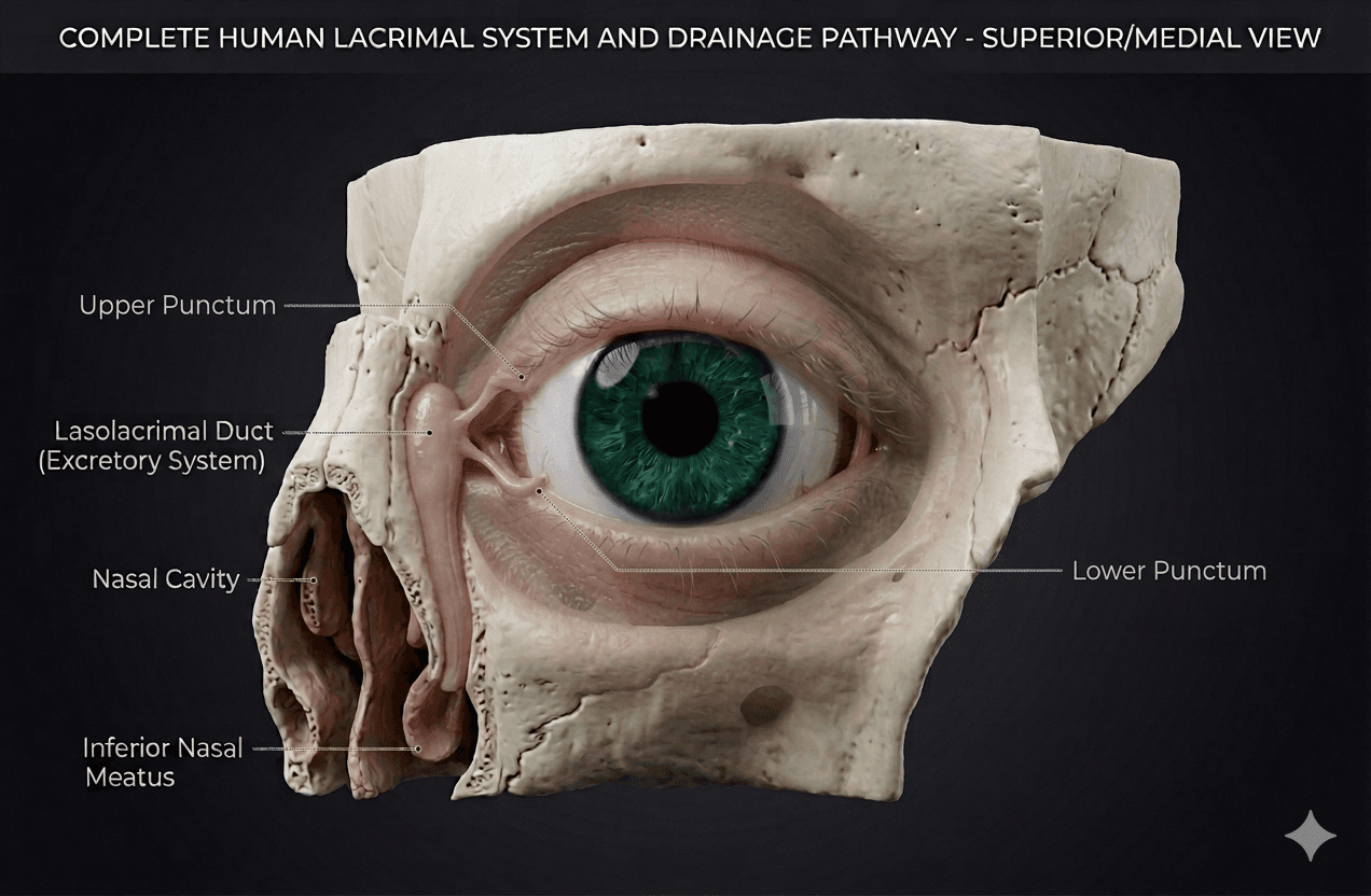 Lacrimal system anatomy overview — tear drainage pathway diagram